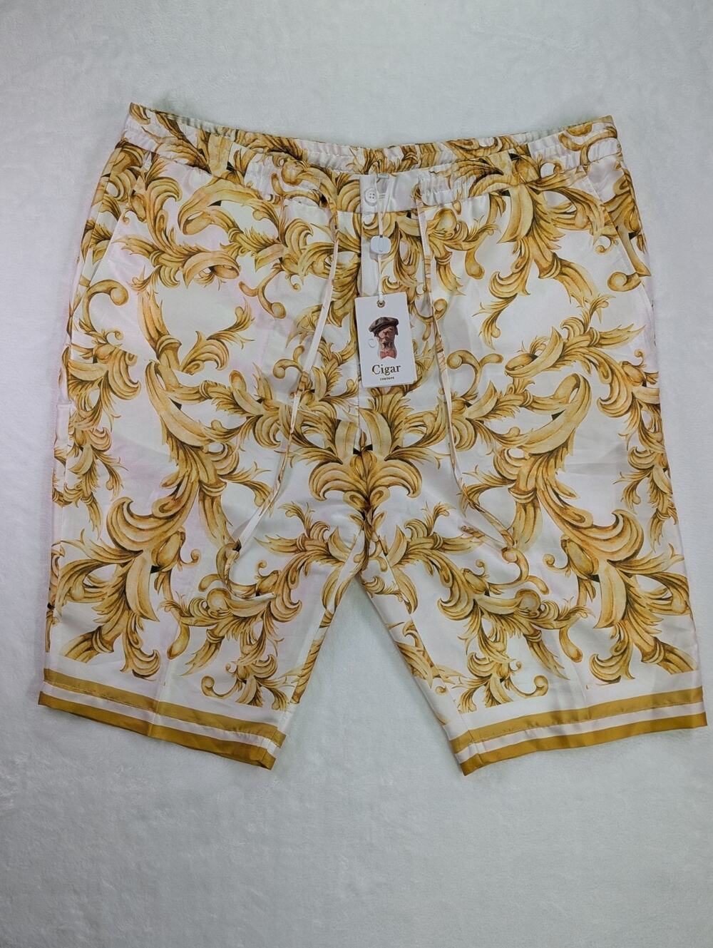 Cigar Couture Luxury Gold Baroque Print Shorts 44W Mens Silk Look Drawstring